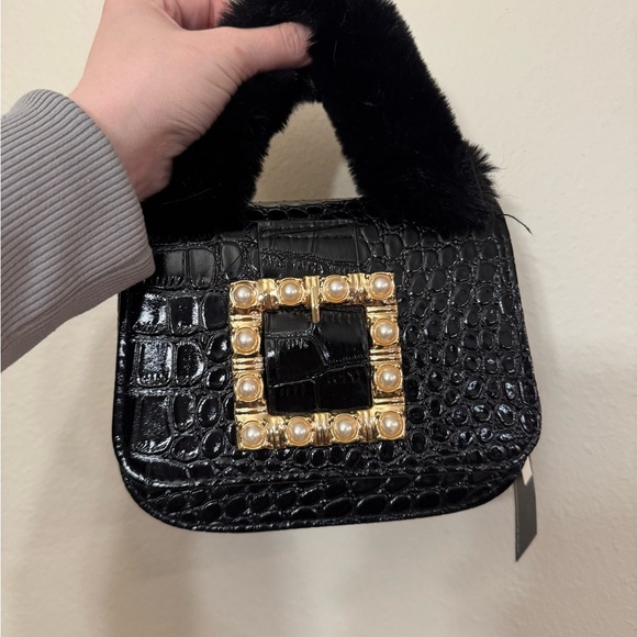 NWT Black and Gold Mini Bag with Croc Texture and Ornate Buckle - Picture 1 of 3